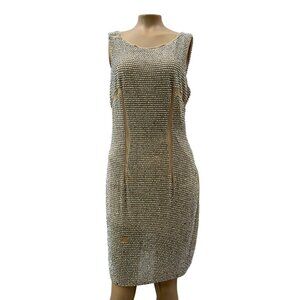 Cache‎ Women Dress Y2K Sleeveless Rhinestone Embellished Mesh Beige Silver M